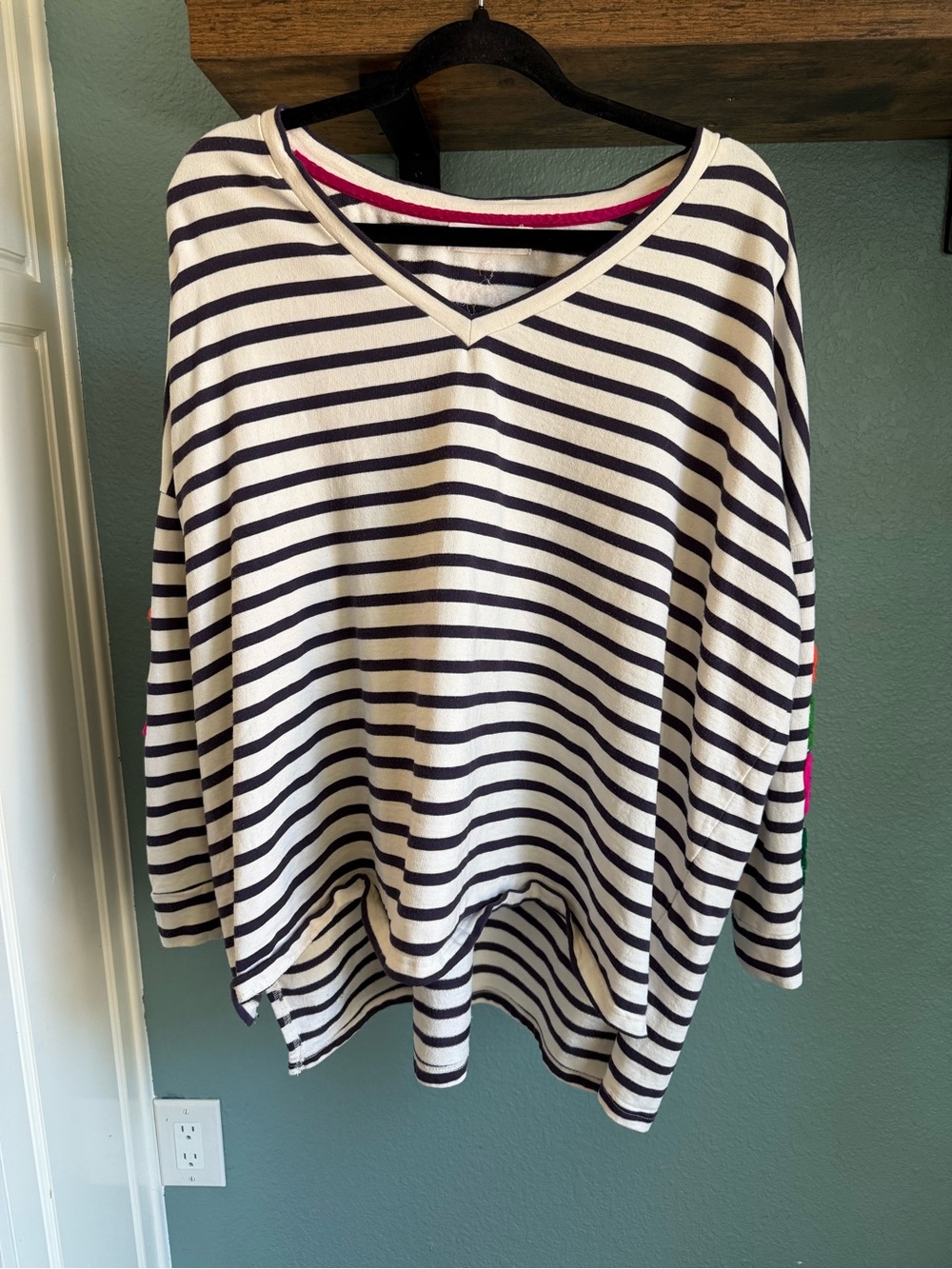 Gallabia Striped Embroidered Floral Sleeve Tunic Top Oversized Crochet Boho - Picture 3 of 6